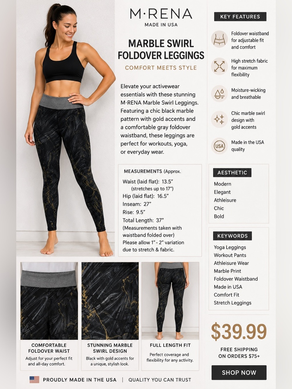 M. Rena Black Marble-Print Leggings